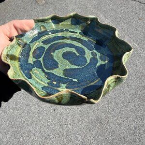Small Wavy plate glazed in spearmint and midnight blue